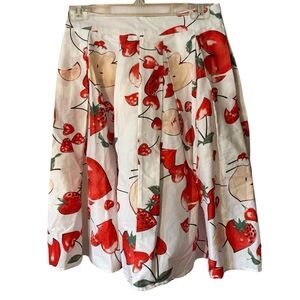 Vintage Skirt Small White Red Fruit Hearts Print A-Line Retro Midi Cotton Pleats